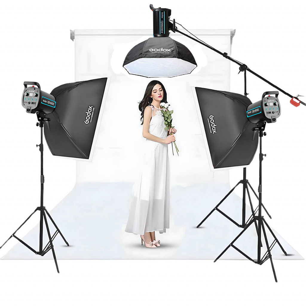 Godox QS600 II W/S 3'lü Stüdyo Paraflaş SoftBox Kit (600 Watt) & Stüdyo Fon Perde Sistemi