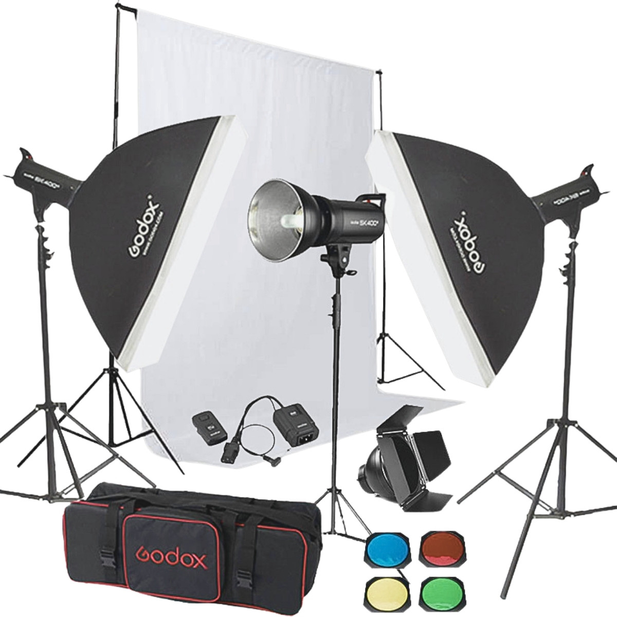 Godox SK400 3'lü Paraflaş Set + Seyyar Fon Perde 3x3 Metre