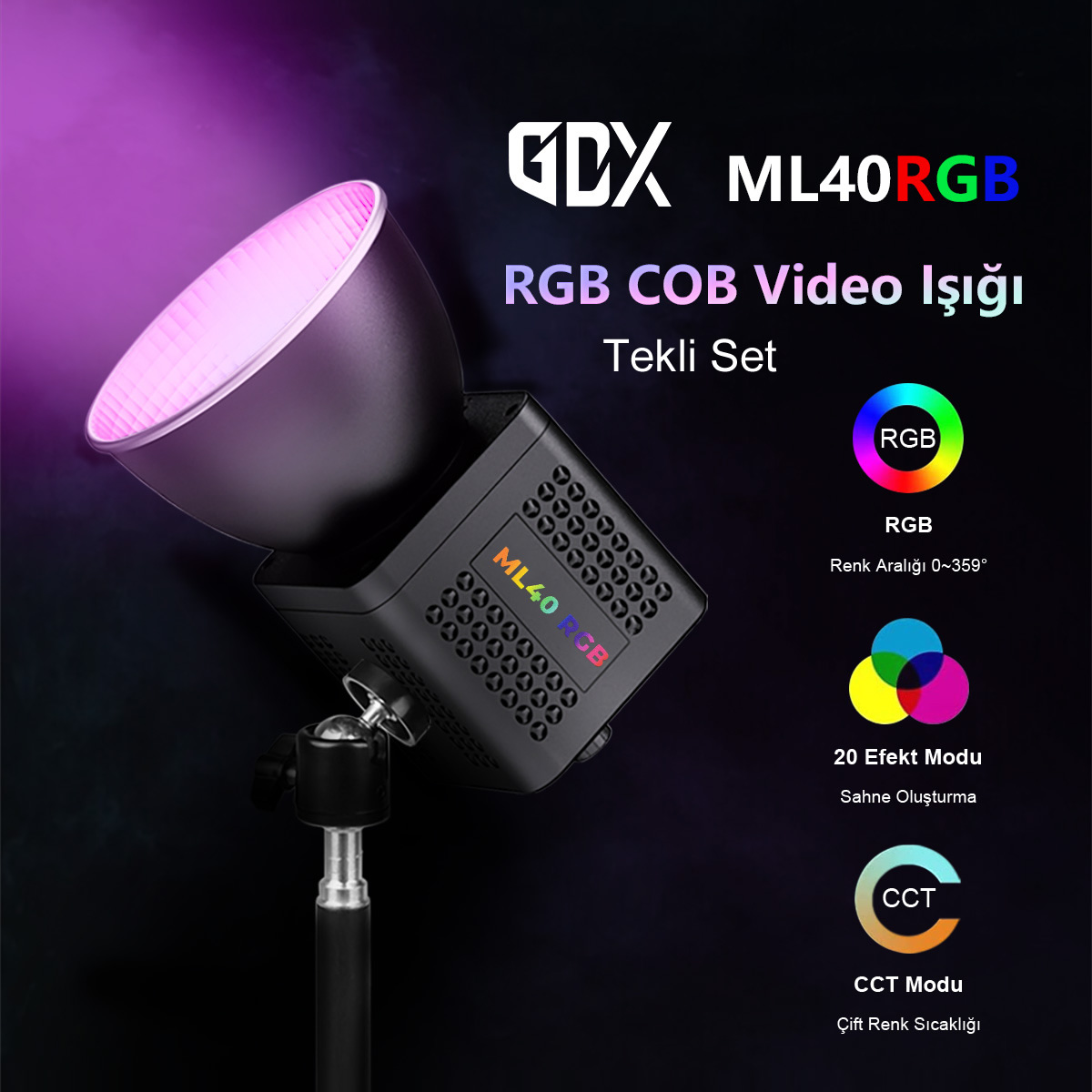 Gdx ML40RGB Fotoğrafçılık ve Video Çekim Tekli Işık Seti - Görsel 2