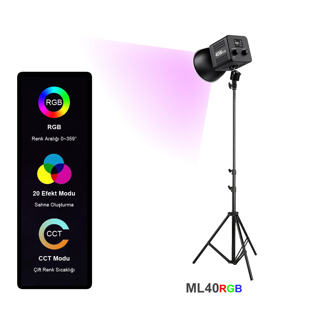 Gdx ML40RGB Fotoğrafçılık ve Video Çekim Tekli Işık Seti - Görsel 4