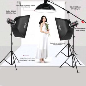 Godox QS600 II W/S 3'lü Stüdyo Paraflaş SoftBox Kit (600 Watt) & Stüdyo Fon Perde Sistemi Fareyi Resmin Üzerine Getirin